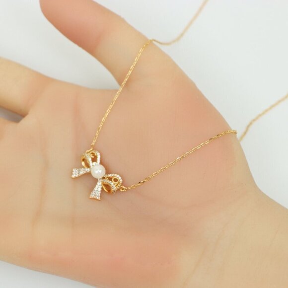 Rose Gold Bow Pendant Necklace with Pearl and Crystals , XPNL0171 - Picture 6 of 13